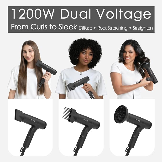 TOME 1200W Hair Dryer Travel Dual Voltage 120V/240V Foldable Blow Dryer with Diffuser Comb Nozzle Storage Bag Universal Power Adapter (Black)
