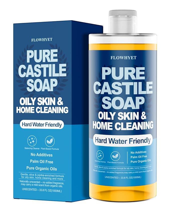 Pure Castile Soap Liquid Unscented 33.8 fl oz, Organic Body Wash，Bath Soap Castile Liquid, Hard Water Friendly for Sensitive & Oily Skin for Body，Face, Hand, Multi-Purpose Home Cleaner 1L