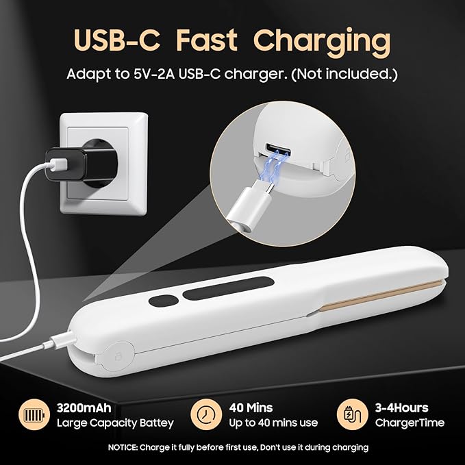 Cordless Hair Straightener and Curler, 2 in 1 Portable Mini Flat Iron & Curling Iron, Fast Heating & Titanium Plate Straightener with 4 Adjustable Temp,Travel Size Preferred Gifts (White)