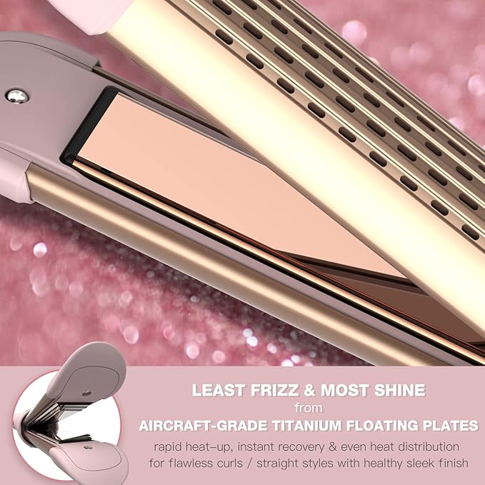 MIRACOMB Cool Air Curler Titanium Curling Wand 2 in 1 Hair Flat Iron 1” Styler for Loose Curls and Straight Styles, Max 430F, Auto Off, Dual Voltage (Pink)