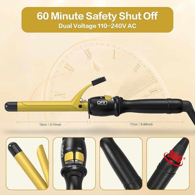 DAN Technology 3/4 Inch Curling Iron Wand for Classic Natural Curls, Tourmaline Ceramic Hair Curler with 180°F–430°F Adjustable Temperature, Fast Heating, Dual Voltage, Auto Shut-Off, Black & Gold