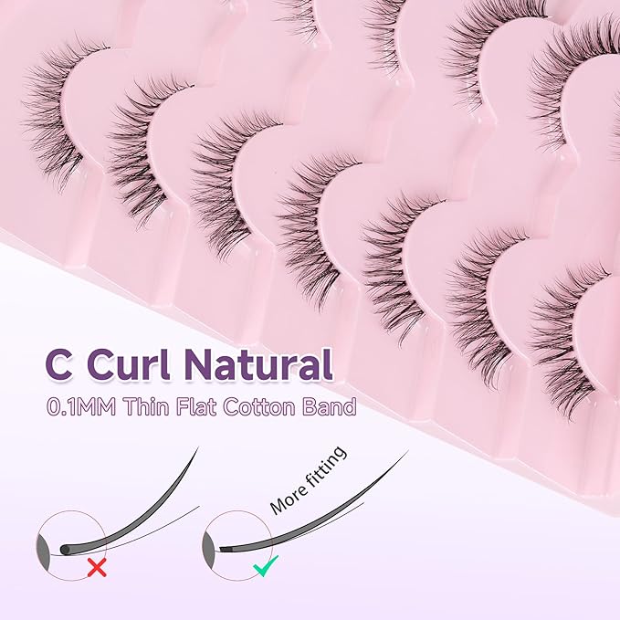 False Eyelashes Natural 11mm Short Lashes Wispy Eyelashes with Thin Band 3D Volume False Lashes Soft Strip Lashes Pack C Curl Natural Eyelashes Fake Lashes 7 Pair EVENTILL