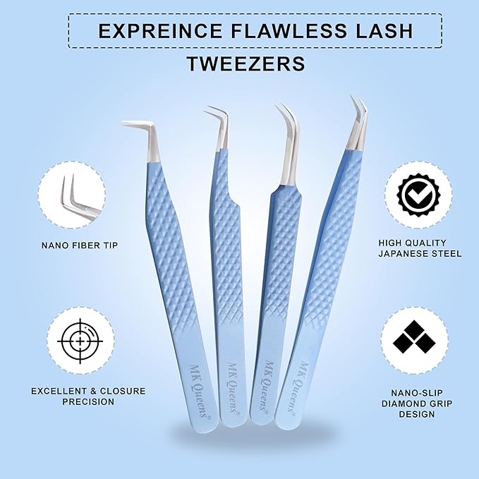 Fiber Tip Lash Tweezers For Eyelash Extension Tweezers Professional Eyelash Extension Tweezer - Set of 4 Pcs Diamond Grip Stainless Steel Fiber Tweezer (4, Sky Blue)