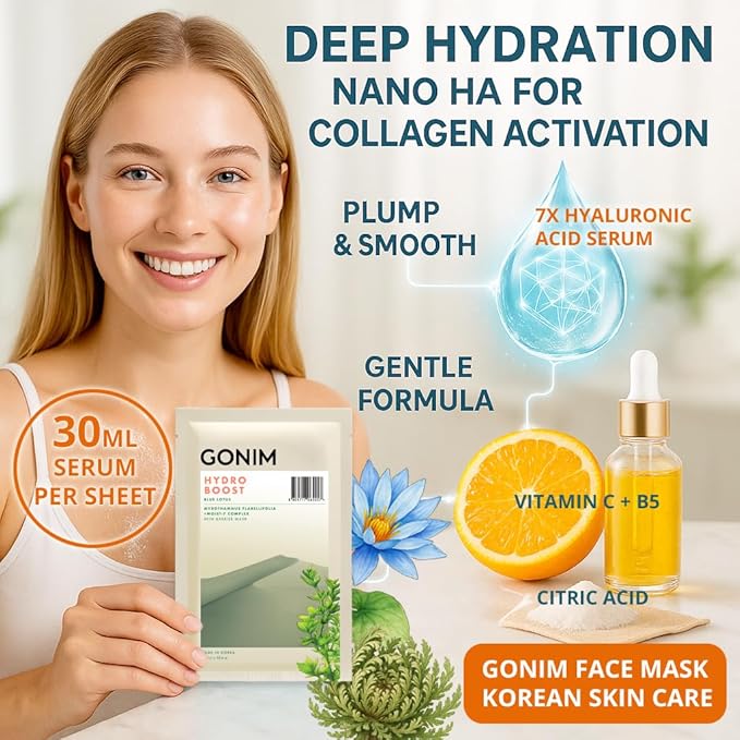GONIM Face Mask Korean Skin Care with Hyaluronic Acid Serum, Collagen Activation, Vitamin C-Face Masks Skincare Hydration, Moisturizing Sheet Mask, Travel Essentials, Korean Face Mask 30ml x15pcs