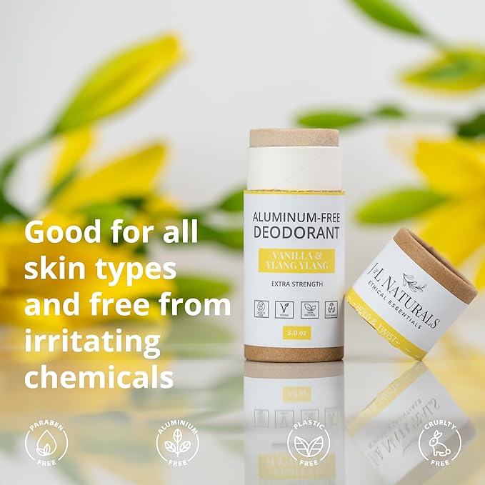 J&L Naturals Aluminum Free Deodorant for Men & Women | 100% Natural Ingredients With Coconut Oil, Shea Butter, & Essential Oils | Sustainable, Eco-Friendly (Vanilla & Ylang Ylang, 3.0 Oz (Pack of 4))