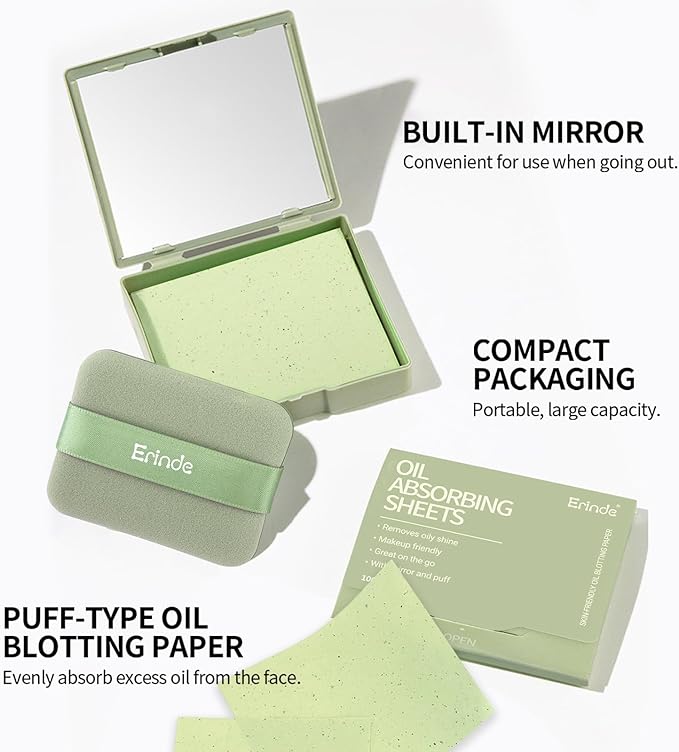 Erinde Oil Blotting Sheets for Face with Mirror and Puff, 100 Sheets Oil Blotting Paper for Oily Skin, Face Oil Absorbing Sheet, Natural Oil Control Film, Absorb Excess Oil, Makeup Friendly