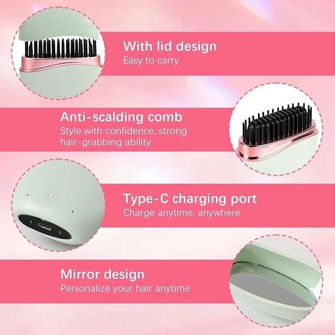 Mini Straightener, Cordless Rechargeable Portable Straightening Comb, 3-Speed Temperature Control, Fast Heating Technology, Mini Hair Straightener with Idea for Home Travel (White)