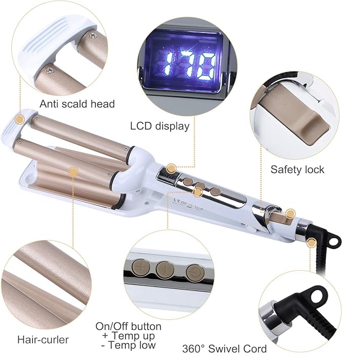 Crimper Hair Iron, Ceramic Hair Crimper Hair Waver 3 Barrel Curling Iron 0.6 inch / 16mm Perm Instant Curls,Hair Crimper and Wavers, Valentines Mothers Day Gifts for Women (Champagne)