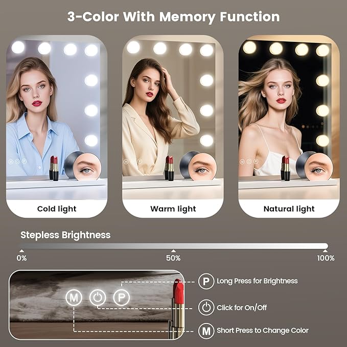 VESAUR Large Vanity Mirror with Lights, Hollywood Makeup Mirror with 15 Dimmable Bulbs 3 Light Colors, Detachable 1X/10X/15X Magnification, USB/Type-C Dual Power, Tabletop &Wall Mount, Senior Aluminum