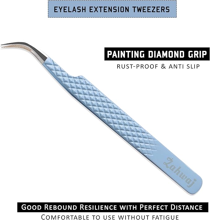 Lash Tweezers - Set of 5 Diamond Grip Eyelash Tweezers - Stainless Steel Professional Fiber Tip Lash Tweezer for Eyelash Extensions (Blue)