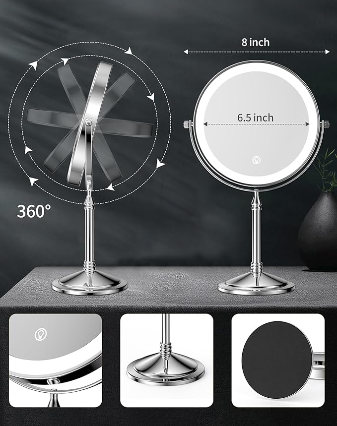 DOWRY 4000 mAh Rechargeable Lighted Makeup Mirror 20x Magnification Vanity Mirror Tabletop Two-Sided Swivel Gifts for Women Wife Mom Teengirls Chrome