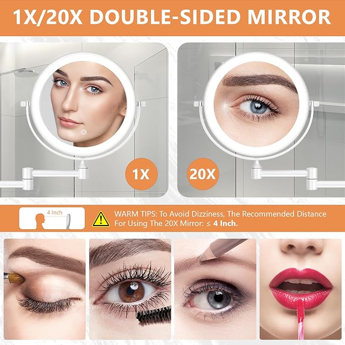 Auxmir 1X/20X Wall Mounted Makeup Mirror with Light, 8" Rechargeable Double-Sided Magnifying Mirror, Vanity Mirror Dimmable 3 Color Light, 360° Extension Rotation Foldable 14.5 Inch Arm for Bathroom