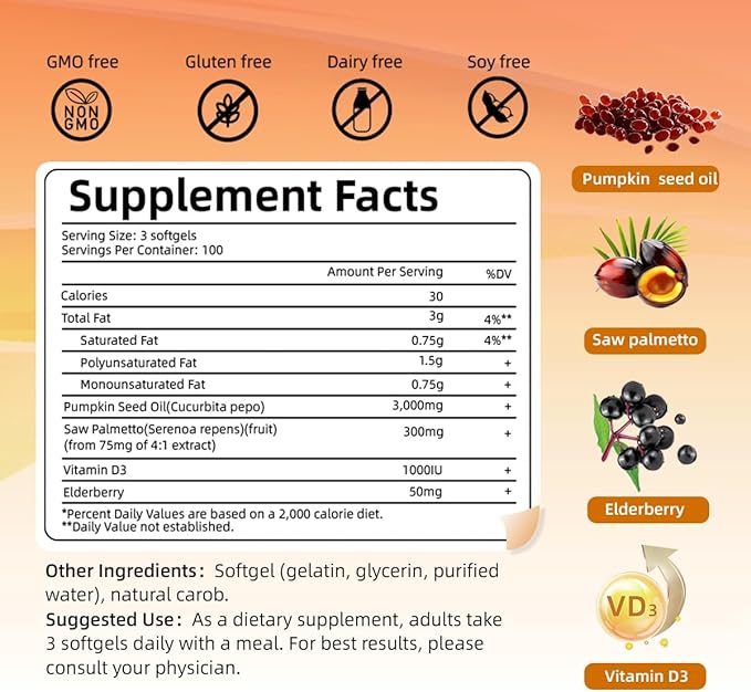 Pumpkin Seed Oil with Saw Palmetto, 300 Softgels | 4 in 1 Vitamin D3 & Elderberry, 3000mg Cold Pressed & Pure Virgin Oil | Supports Hair, Urinary, Bladder & Prostate Health, Immune | Vegan, Non-GMO