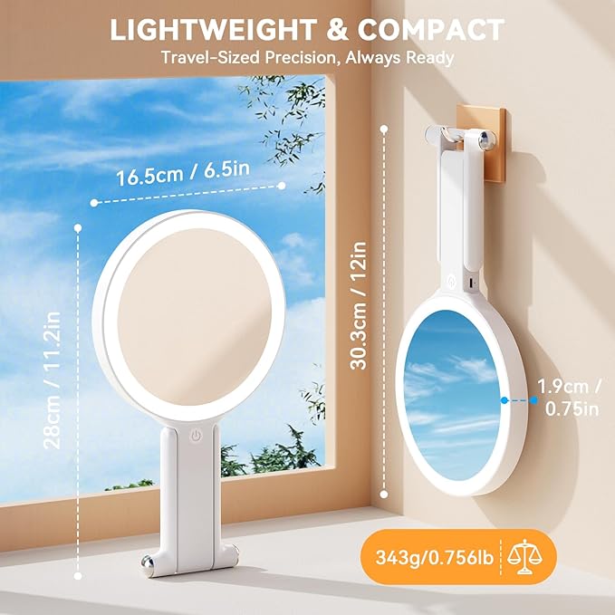 Auxmir Travel Makeup Mirror with Lights, 30X/1X Double-Sided Magnifying Mirror, Rechargeable Lighted Hand Mirror with 3 Color Lighting & Adjustable Brightness Tabletop Hanging Portable Handheld