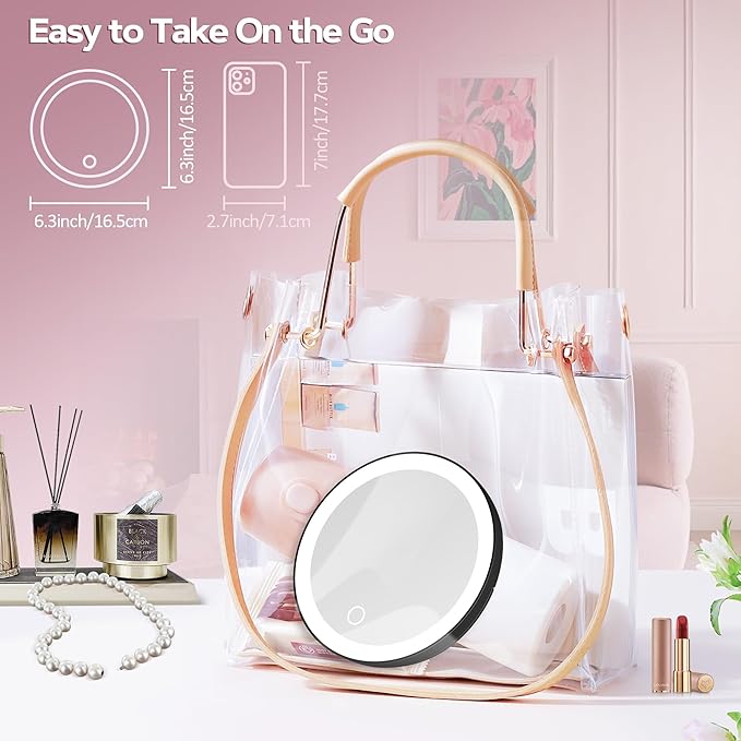 30X Magnifying Mirror Suction Cup, 6" Makeup Mirror with Lights, Rechargeable Travel Mirror with 3 Color Dimmable Lights for Precision Makeup, Fits Bathroom/Wall Suction/Hanging, Black