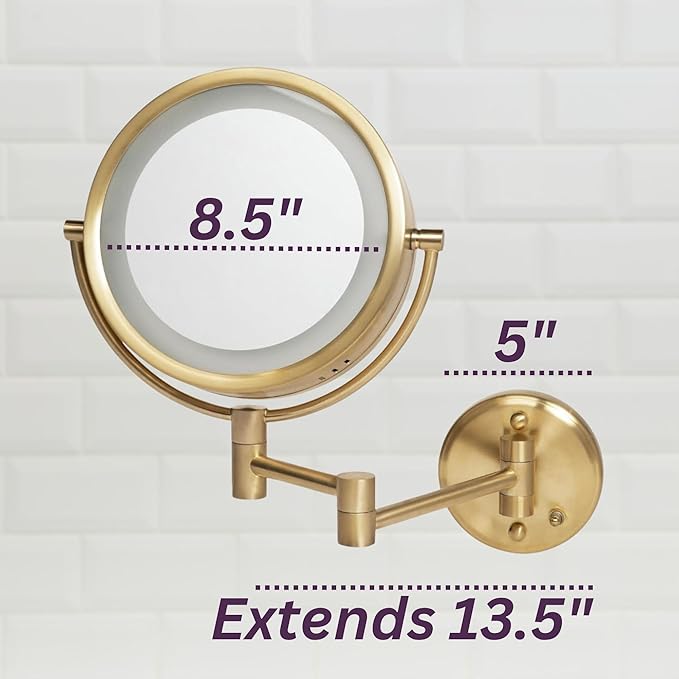 JERDON Wall-Mounted Makeup Mirror with LED Light - Direct Wire Lighted Makeup Mirror with 8X Magnification - 8.5-inch Diameter Mirror with Gold Finish Wall Mount - Model HL75BGD