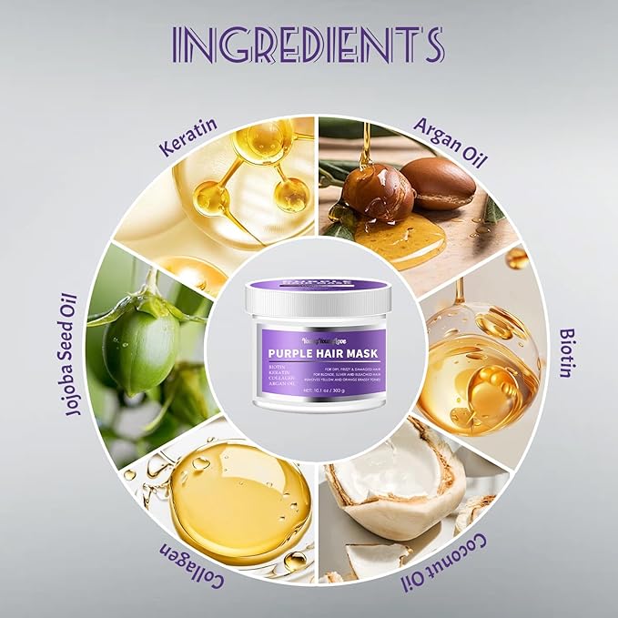 Keratin & Biotin Purple Hair Mask - Neutralizes Yellow & Orange Brassy Tones for Blonde, Silver, Bleached Hair - Deep Hydrating with Argan Oil & Collagen for Dry, Damaged, Frizzy Hair, 10.1 oz