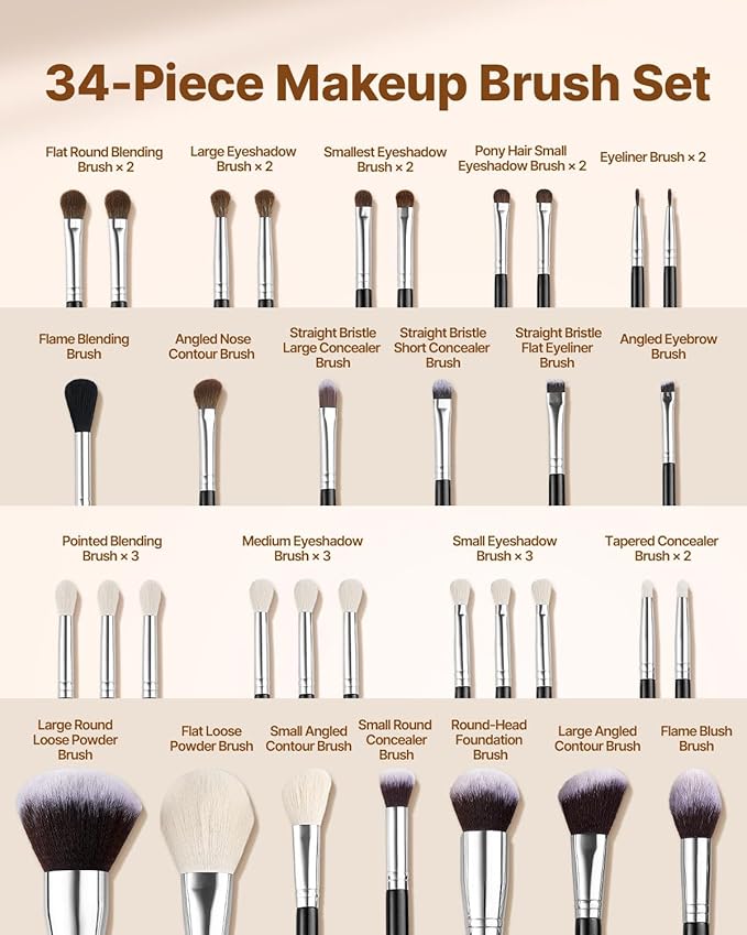 VEVOR 34-Piece Makeup Brush Set, Professional Makeup Brushes Kit for Foundation Blending Eyeshadow Concealer Blush - with Soft Bristles, Ergonomic Wood Handle, Travel-Friendly Case Included