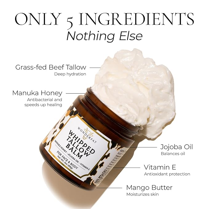 Grass-Fed Whipped Tallow Balm – Face & Body Moisturizer with Manuka Honey – Lightweight, Fast-Absorbing Hydration for Dry, Sensitive Skin – Unscented, Clean Formula – 3 oz