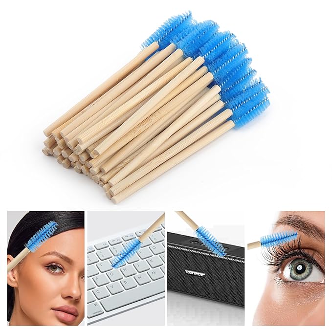 MyAoKuE-UP 100 Pack Bamboo Handle Mascara Wands Disposable Eyelash Brushes Lash Extension Tool, Blue