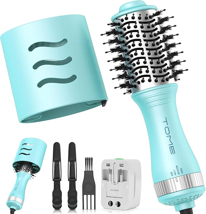 Tome Travel Hair Dryer Brush, Dual Voltage Blow Dryer Brush, Mini Hot Air Portable 2 inch Travel Hair Dryer Styler Volumizer Oval Shape (Blue)