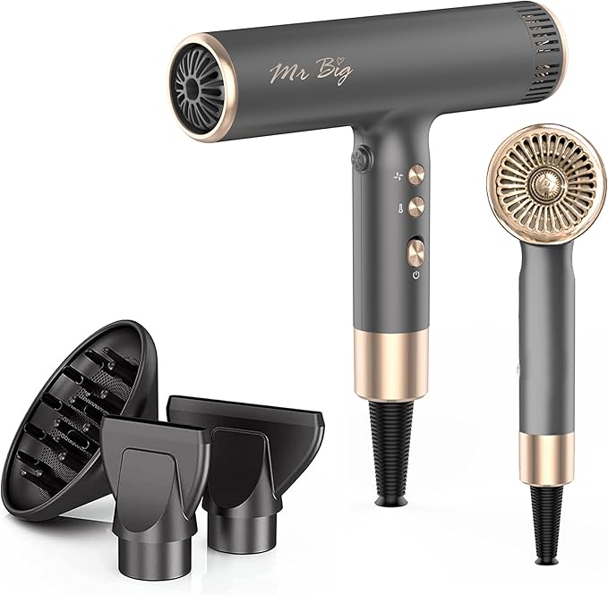 Mr Big Hair Dryer Italian Style Professional Ionic Anti Frizz with Intelligent Temperature Sensor, Lightweight at 12oz, Self-Cleaning Brushless Motor, T-Shaped, Insanely Powerful Air Flow 120,000 RPMs