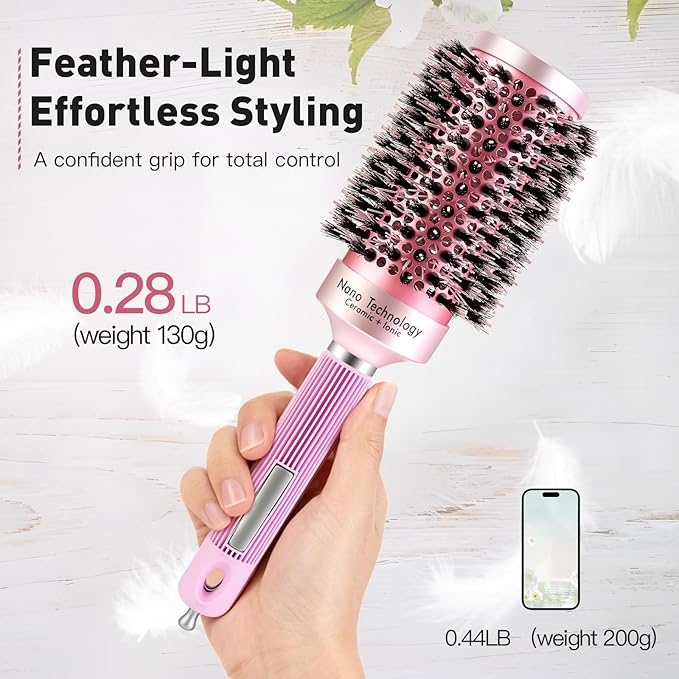 URTHEONE Round Hair Brush for Blow Drying, Ceramic Ionic Styling Tool with Mixed Bristles and Hair Clips, for Smooth and Voluminous Styles on Long Hair (2.1 Inch)