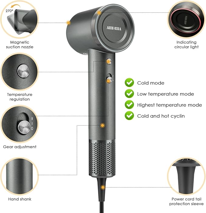 High-Speed Hair Dryer, Negative Ionic Hair Dryer, 110000 RPM Professional High-Speed Blow Dryer 200 Millions, Fast Drying Lightweight Travel Hairdryer, Low Noise Home Hair Dryer(Gray)