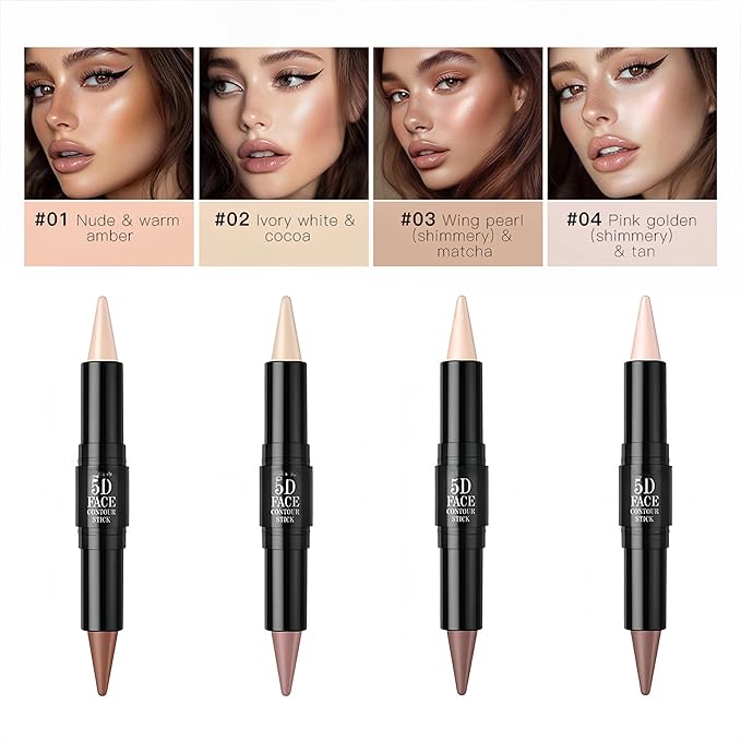 MAEPEOR 2-in-1 Contour Highlighter Stick Non-greasy and Non-drying Contour Pen Long Lasting Waterproof Face Brighten Contouring Makeup Pen (01 Nude & Warm Amber)