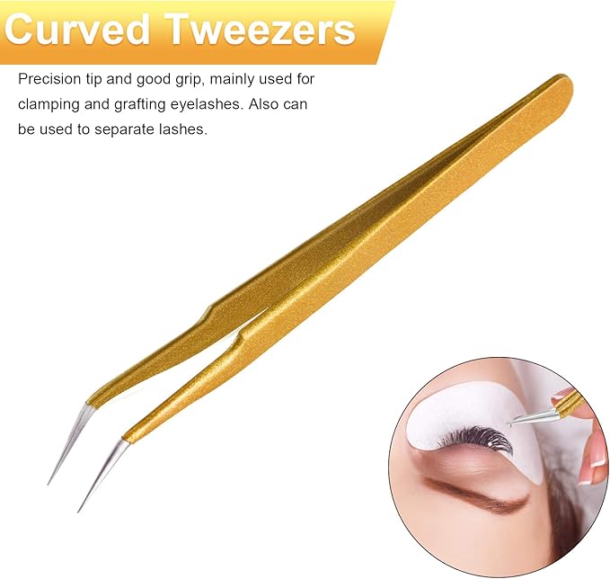 2 Pieces Straight and Curved Tip Tweezers Eyelash Extension Tweezers, Stainless Steel False Lash Application Tools (Gold)