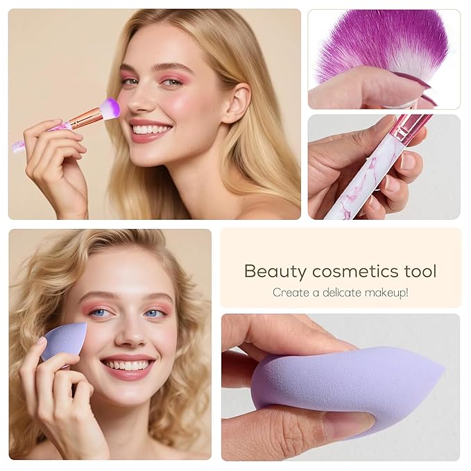 Purple Makeup Brush Set for Girls, Include 18 Pcs Makeup Brush & 12 Pcs Blending Sponge & Mirror Case, Nice for Learning Makeup
