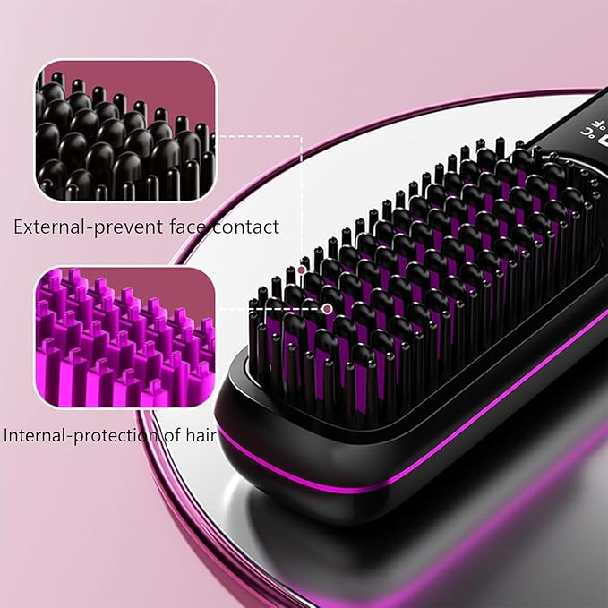 Go Brush Pro Hair Straightener – Cordless Comb with Negative Ion, 7400mAh Fast Heating & Portable Travel Design, Rechargeable Brush for Straightening and Curling (Red-1Pcs)