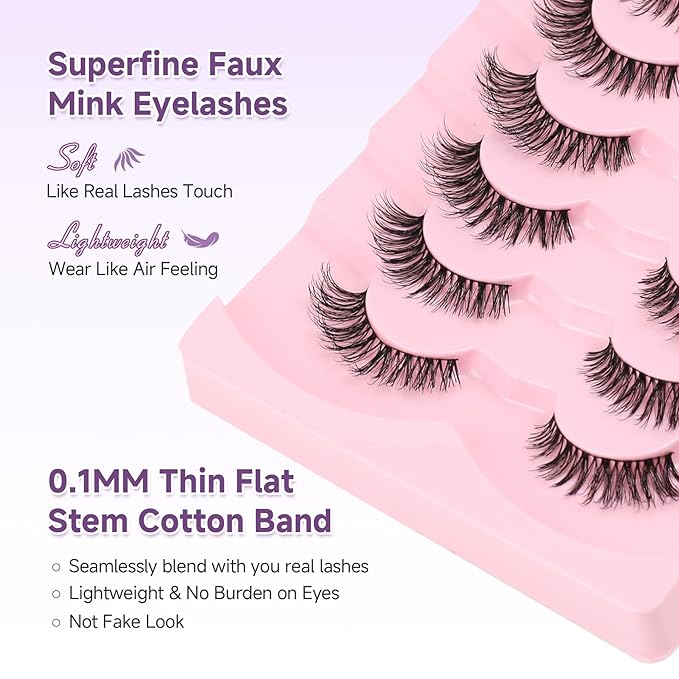 Natural Wispy Cat Eye False Eyelashes 14mm With Thin Memory Band - Soft Strip Lashes Pack C Curl Volume Fake Lashes 7 Pair