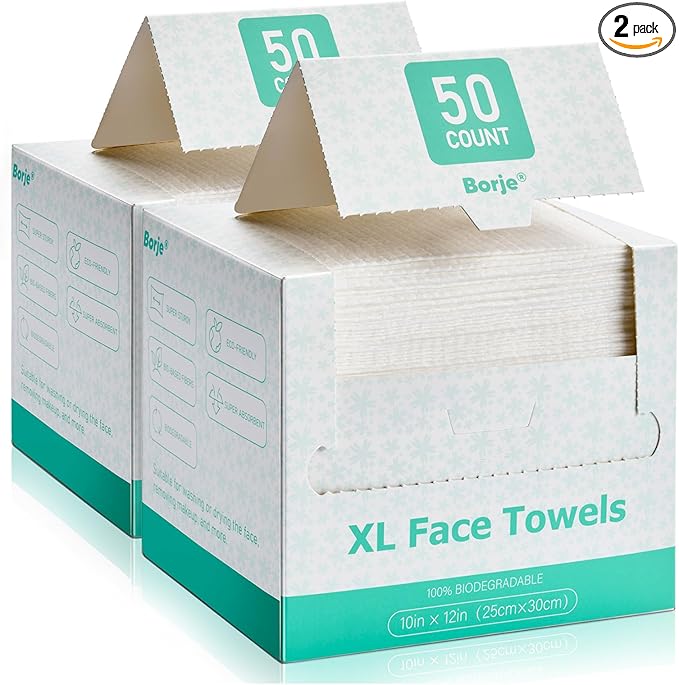 Borje Face Towels XL, Disposable Face Towel 10" x 12", 100 Count (2 Packs of 50), 100% USDA Biobased Facial Towelettes, Ultra Soft & Thick Makeup Remover Wipes for Women Cleansing