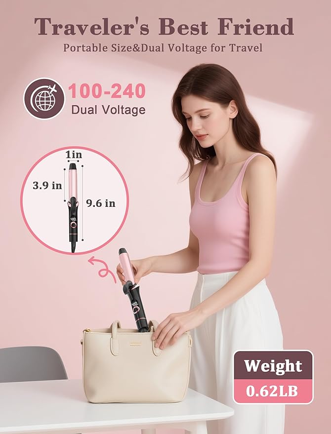 Travel Curling Iron 1 Inch, Dual Voltage Curling Iron 110-240V with European Plug,Small Curling Wand for Women & Short Hair, 5 Temp Digital Settings, Auto-Off, Anti-Scald Cover,Heat-Resistant pad