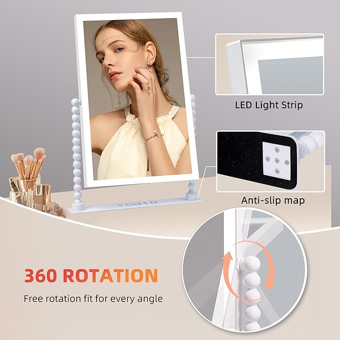 VANITII Vanity Makeup Mirror 12”x16” Hollywood Mirror with Lights and Smart Speaker Desk Mirror 3 Lighting Modes Touch Control for Dormitory Bedroom