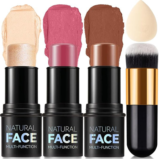 3 Colors Cream Contour Stick, Shades with Highlighter Stick,Blush Stick and Bronzer Contour Stick for Sculpt the Cheeks,Long Lasting,Waterproof,Matte & Dewy Finish for Women (LIGHT FAIR(8+10+12))
