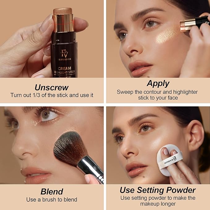 FV 2-Pack Contour and Highlighter Stick, Creamy, Waterproof, Long-Lasting - Natural Finish for Face Sculpting & Glow - Easy Blendable Contouring Stick, Travel-Friendly, 04 Light Amber & 03 Champagne
