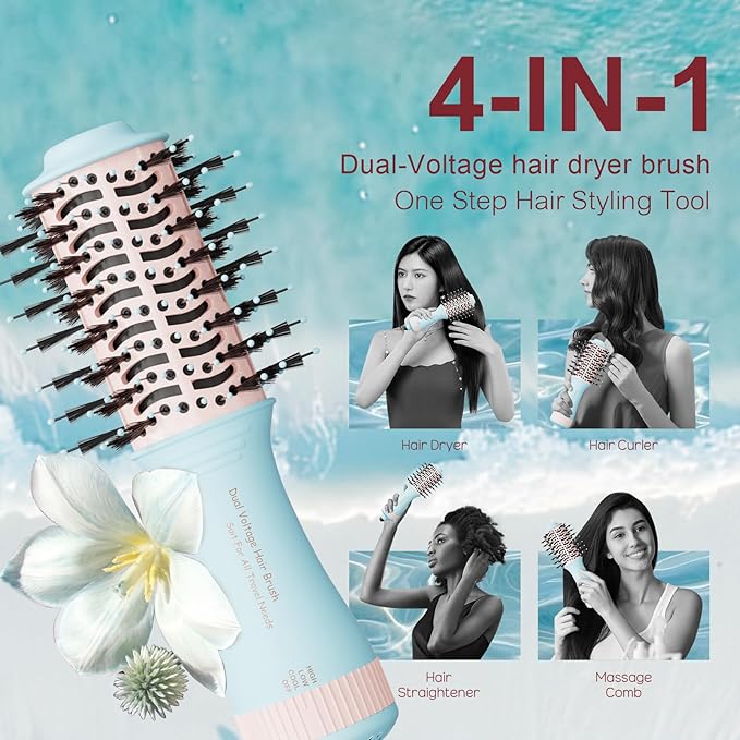 Travel Dual Voltage Hair Dryer Brush 4-in-1 Portable Mini Hot Air Blow Dryer Straightener & Curler Brush, Titanium Round Blowout Styler Volumizer Tools, 110/240V US/EU/UK -Baby Blue & Light Pink
