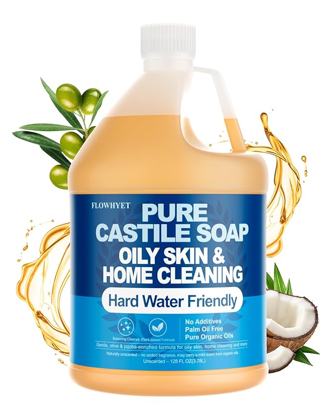 Pure Castile Soap Liquid Unscented 1 Gallon(128 floz) Refill,Organic Body Wash Bath Soap Castile Liquid,Hard Water Oily Skin Friendly for Body, Face, Hand,Dishes,Home Cleaner Fragrance Free
