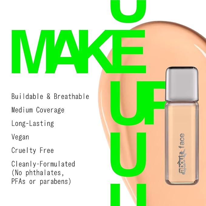 about-face THE PERFORMER Skin-Focused Foundation L2Peach – Medium Coverage, Long-Wear, Breathable & Buildable Base – Clean, Vegan, Hydrating Formula with Blue Agave & Chlorella – 1.08oz