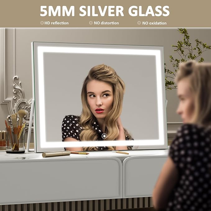 Ligheted Vanity Mirror with Lights, 14" x 10" LED Makeup Mirror, 3 Modes Light, Smart Touch Control Dimmable, 360°Rotation, Rectangle White Frame