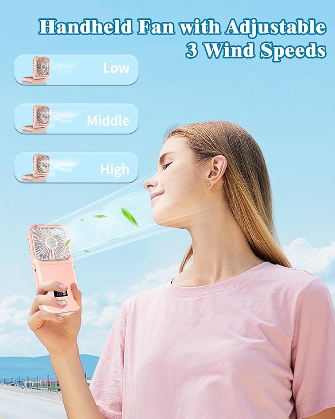 Hand Held Fan Rechargeable,Mini Fan Portable Fan Battery Powered Fan with 3 Speed, Table Fan Small Desk Fan, Cordless Personal Fan, 180°Folding Hand Fan Summer Gifts for Women Girls Kids Pink