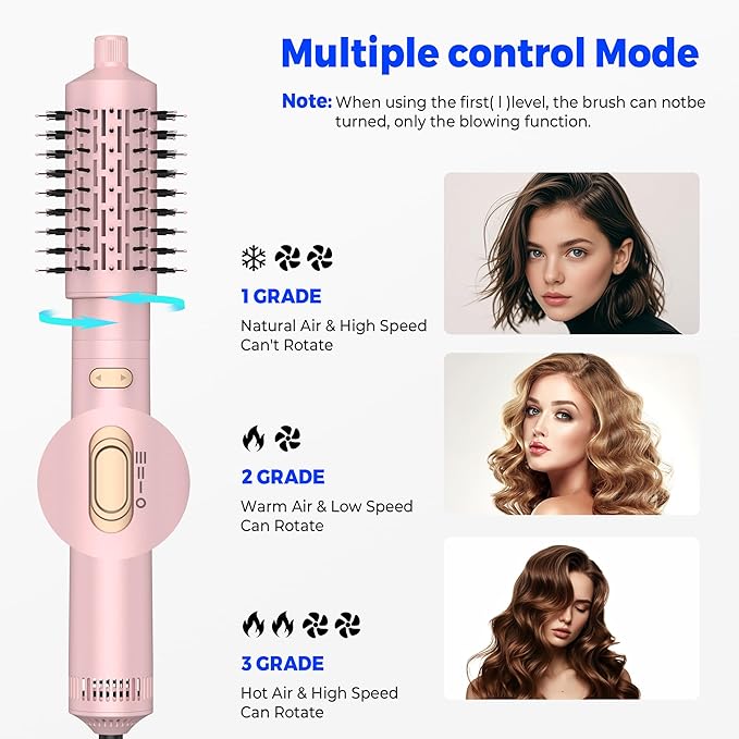 3 in 1 Rotating Hair Dryer Brush,Negative Ionic Professional Brush Blow Dryer with Detachable Brush(2" & 1.5"),3 Heats and 2 Speeds Rotating Hot Air Brush for Curling,Straight,Drying