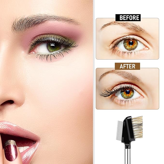 2 in1 Lash Brush, Multi-purpose Eyelash Comb with Metal Teeth Resuable Eyelash Separator Tool Eyebrow Brush with Wood Handle, Eye Makeup Brush Tool for Women (1 Pack)