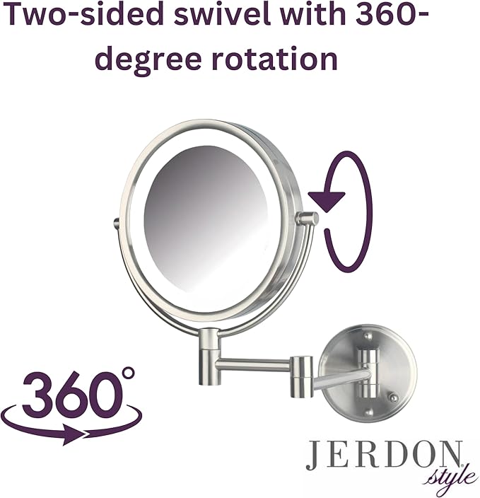 JERDON Wall-Mounted Vanity Mirror with Lights - Hard Wired Makeup Mirror with 8X Magnification & Nickel Finish - Direct Wire Model HL88NLD