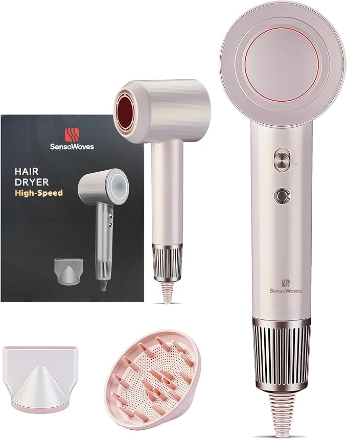 Professional High-Speed Hair Dryer 110,000 RPM, Fast Drying with 500M Negative Ions, Salon-Grade Low Noise Thermo-Control, Includes Magnetic Diffuser & Nozzle (for Home&Travel)-Pink
