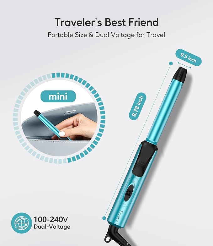 FARERY Travel Size Mini Curling Iron, Dual Voltage 1/2 Inch Ceramic Mini Hair Curler for Short Hair, Infused with Keratin & Argan Oil, Travel Curling Iron with Storage Bag