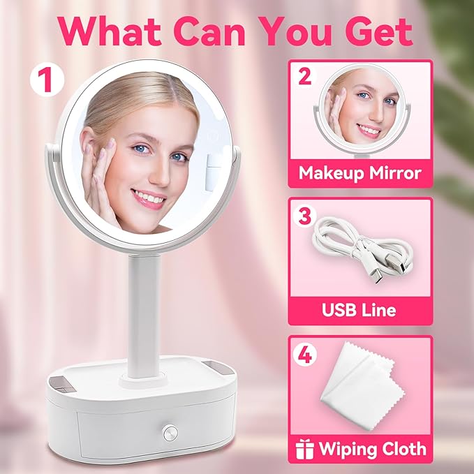 Makeup Mirror with Lights, Lighted Makeup Mirror with Magnification, 80 LED Vanity Mirror with Lights, 3 Color Modes & Stepless Dimming, Shatterp roof & Stable Base