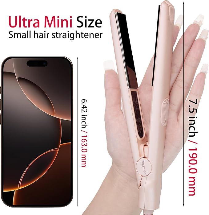 ANGENIL Pro Ultra Mini Flat Iron for Short Edges, Travel Hair Straightener and Curler 2 in 1, Small Dual Voltage Hair Straightening Ceramic Flat Iron 0.7-inch, Front Bangs, 3 Temp (280℉- 320℉ -380℉)